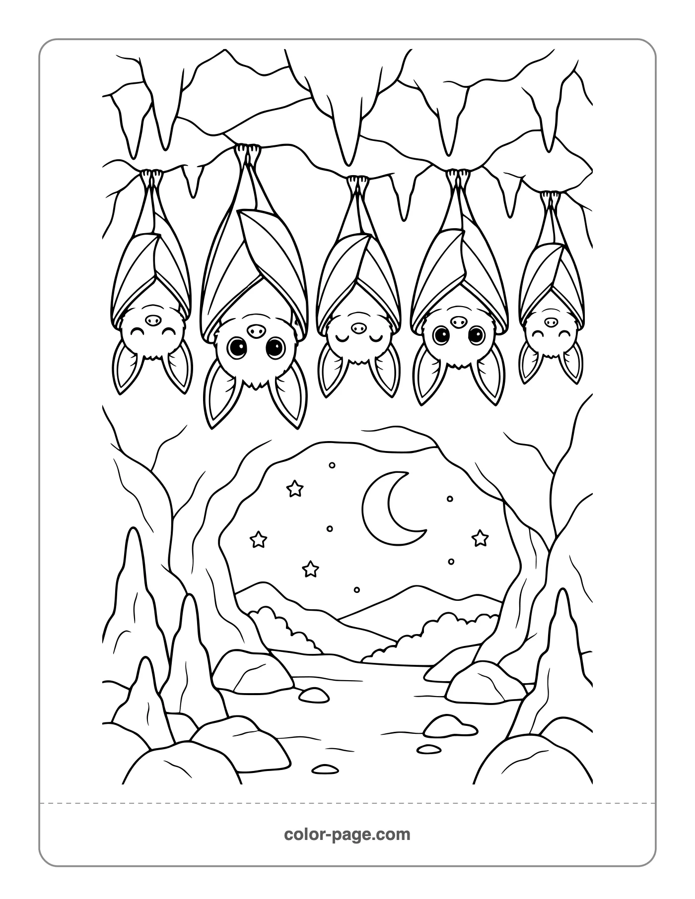 Family of bats hanging in a cave coloring page