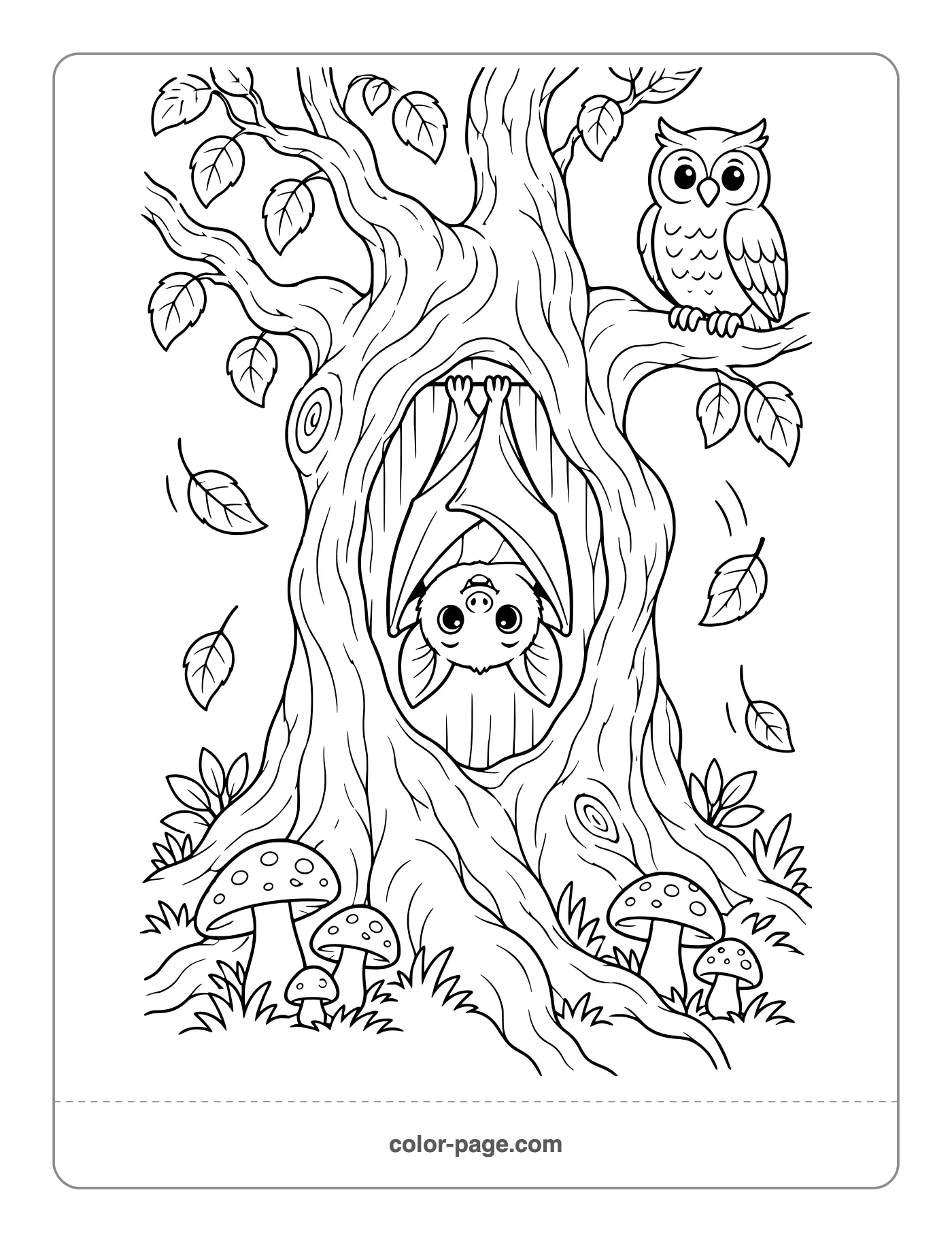 Bat in a hollow tree with an owl coloring page
