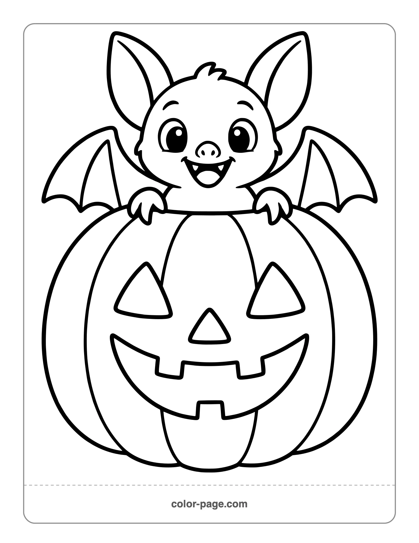 Little bat peeking out of a jack-o'-lantern coloring page