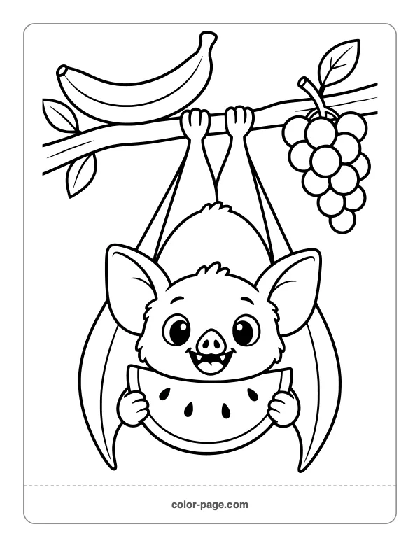 Fruit bat eating watermelon on a branch coloring page