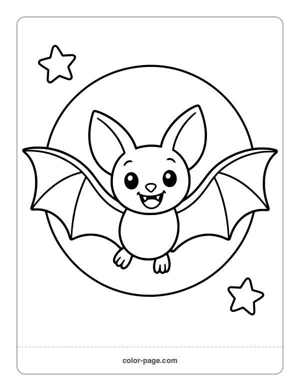 Friendly bat flying in front of a full moon coloring page