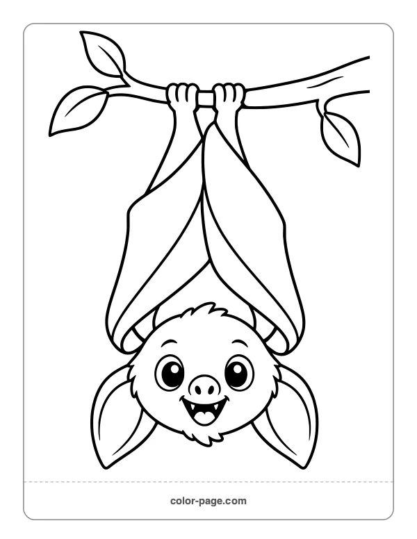 Cute baby bat hanging upside down from a branch coloring page