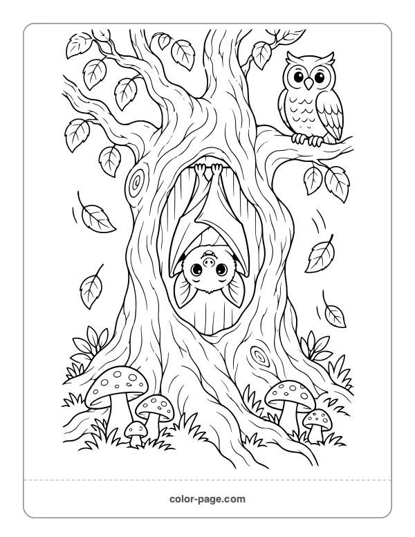 Bat in a hollow tree with an owl coloring page