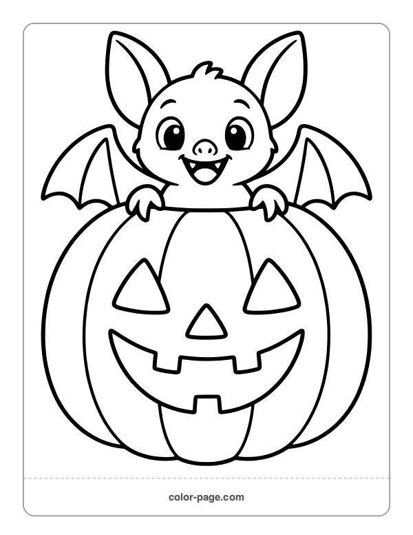 Little bat peeking out of a jack-o'-lantern coloring page