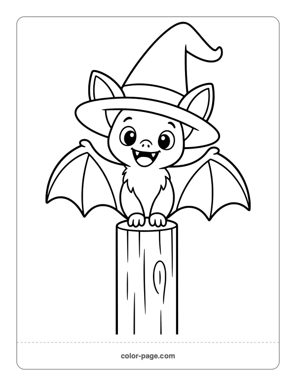 Cute bat wearing a witch hat on a fence coloring page