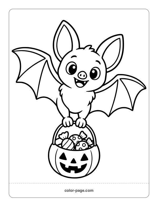 Cheerful bat carrying a trick-or-treat bucket coloring page