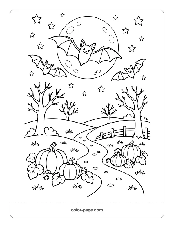Bats flying over a pumpkin patch at night coloring page