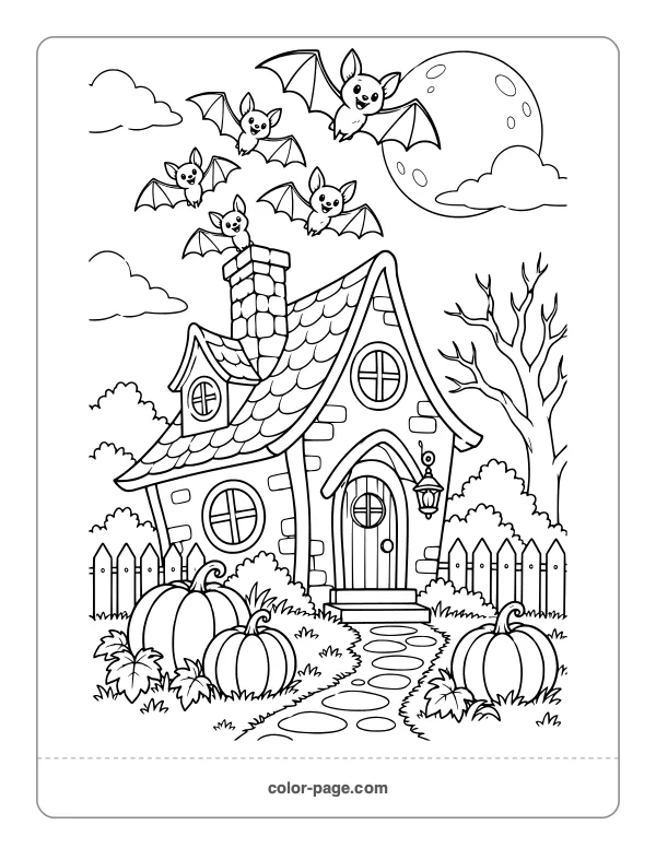 Bats flying out of a friendly haunted house coloring page