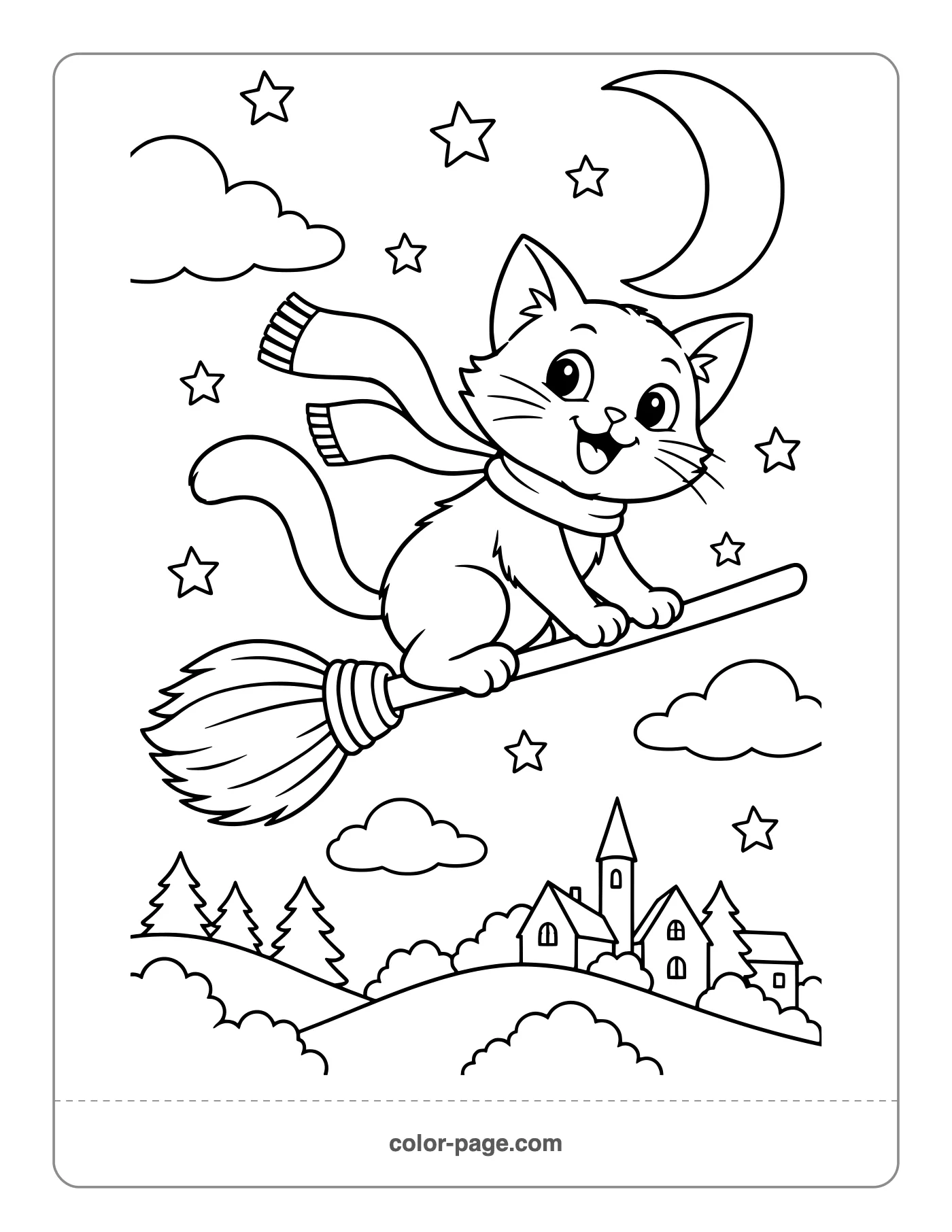 Cheerful black cat flying on a broomstick coloring page
