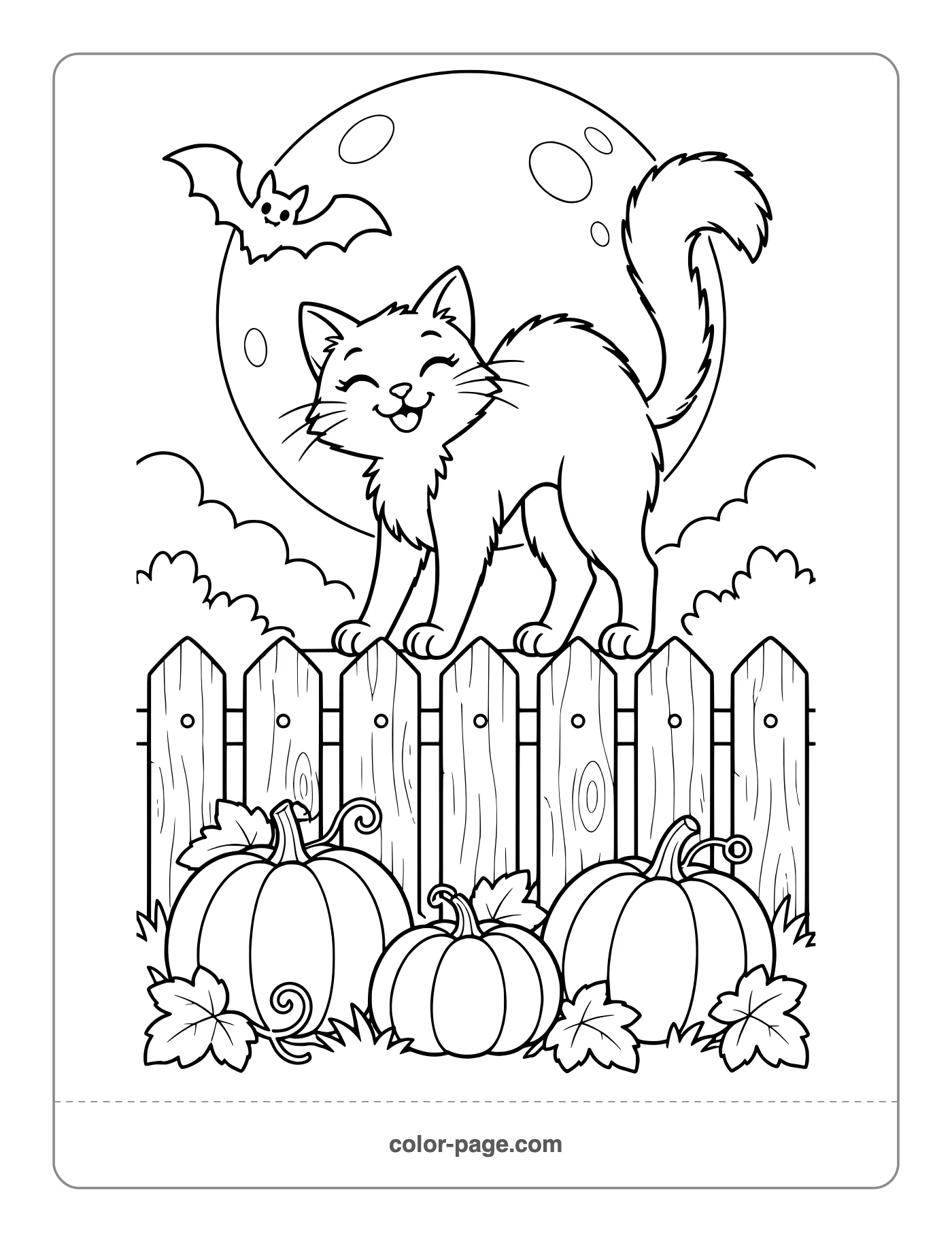 Black cat with arched back on a fence under the moon coloring page