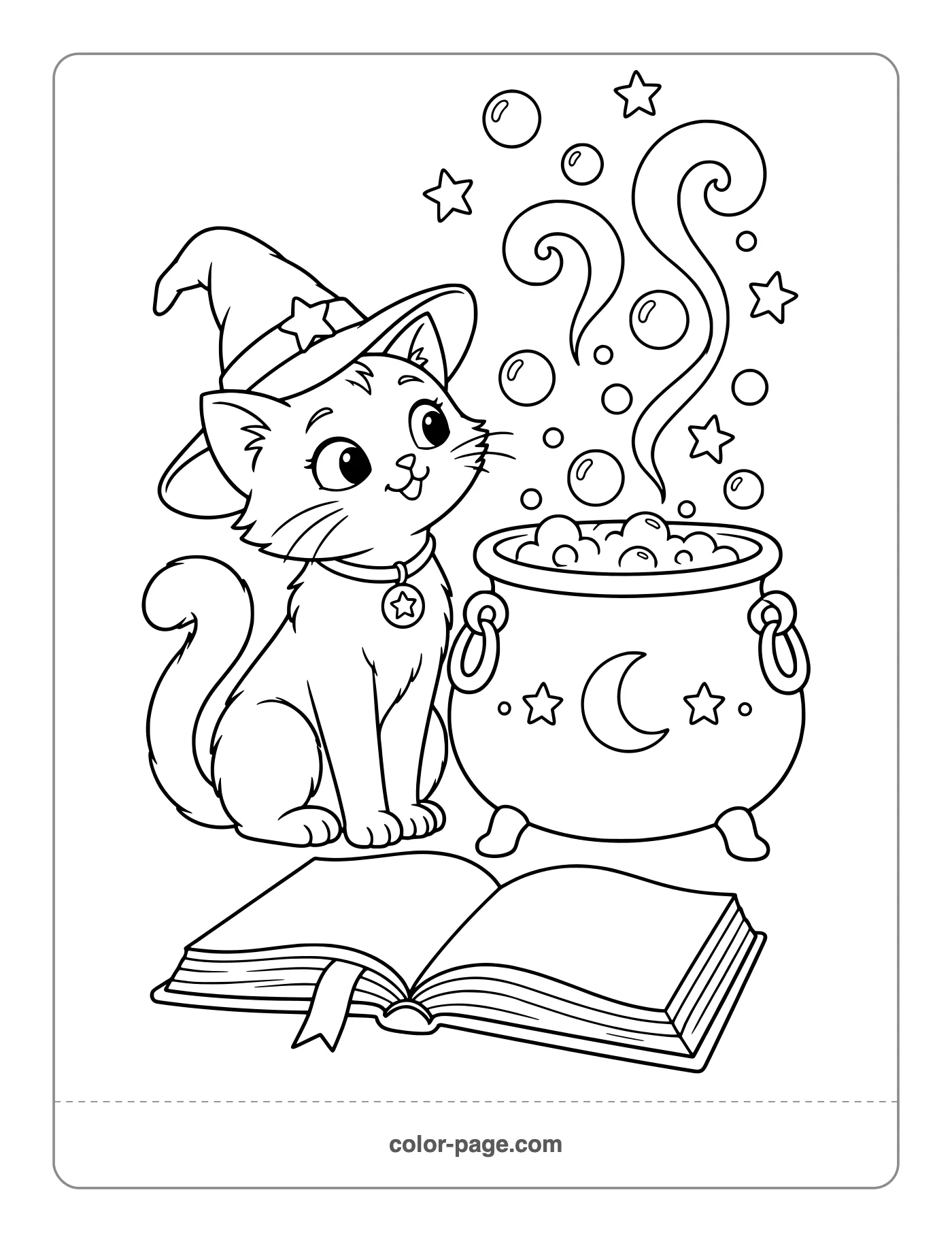 Curious black cat beside a bubbling cauldron coloring page