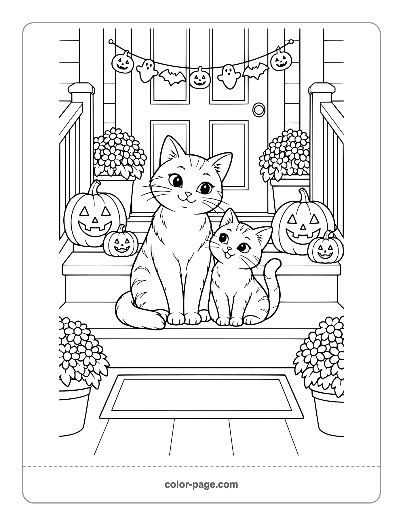 Two black cats on a Halloween porch with jack-o'-lanterns coloring page