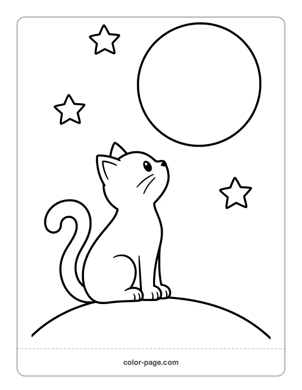 Black cat sitting under a full moon coloring page