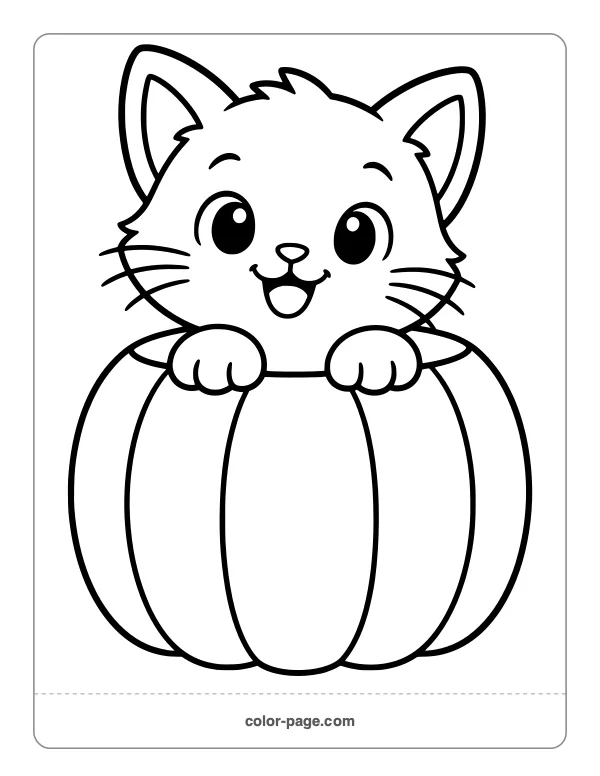 Cute black kitten peeking out of a pumpkin coloring page
