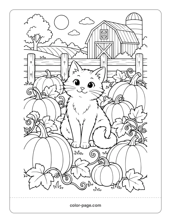 Black cat sitting in a pumpkin patch coloring page