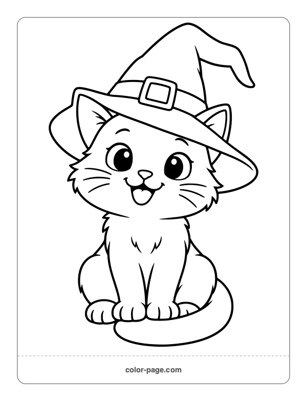 Happy black cat wearing a witch hat coloring page