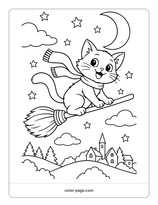 Cheerful black cat flying on a broomstick coloring page