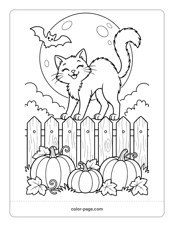 Black cat with arched back on a fence under the moon coloring page