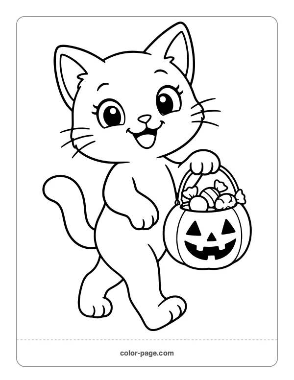 Black kitten trick-or-treating with a candy bucket coloring page