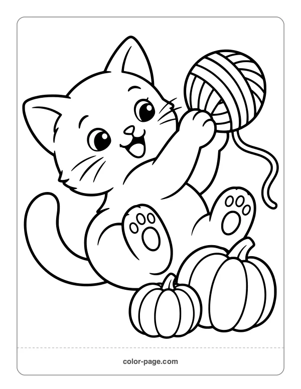 Playful black kitten with a ball of yarn and pumpkins coloring page