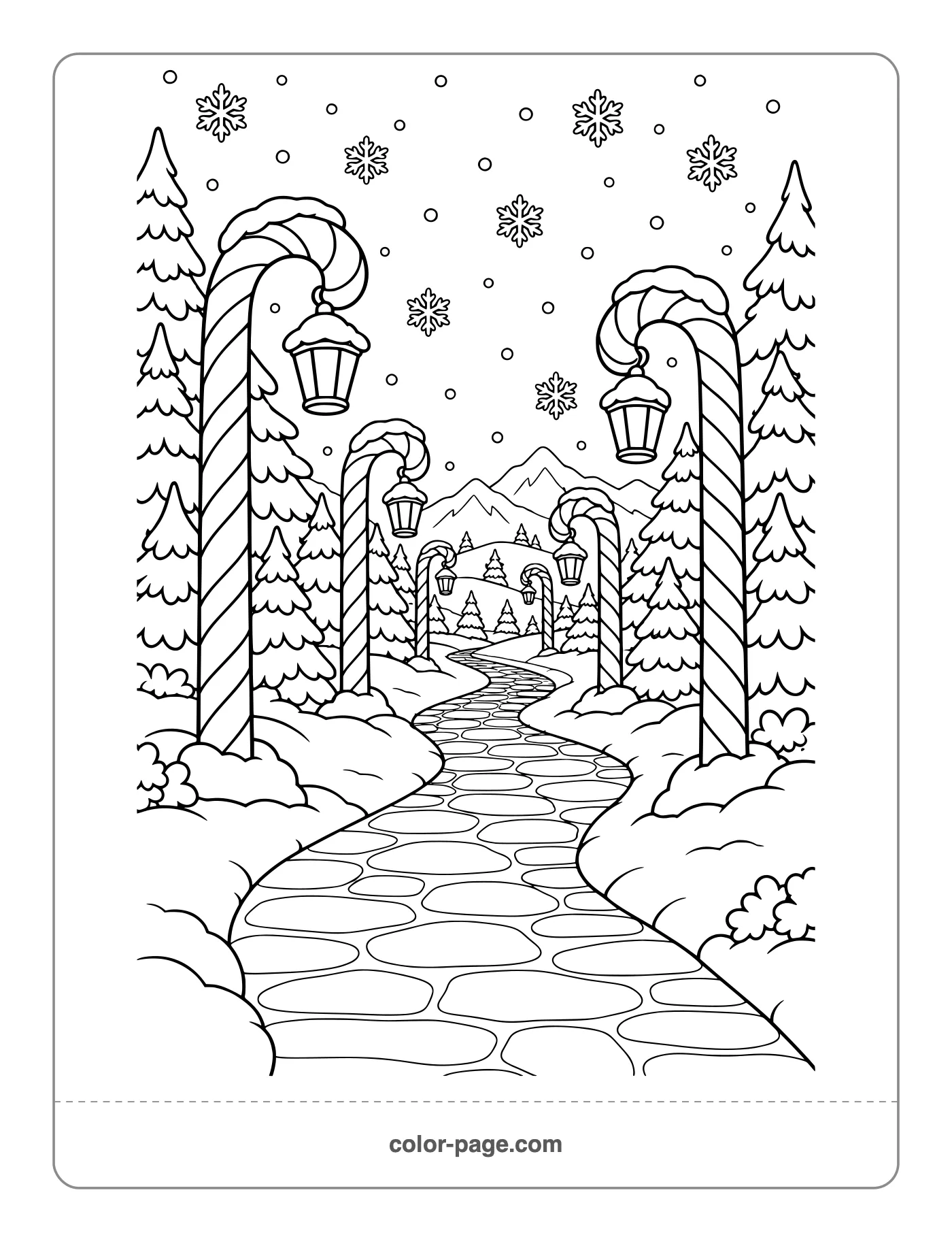 Snowy path lined with giant candy canes coloring page