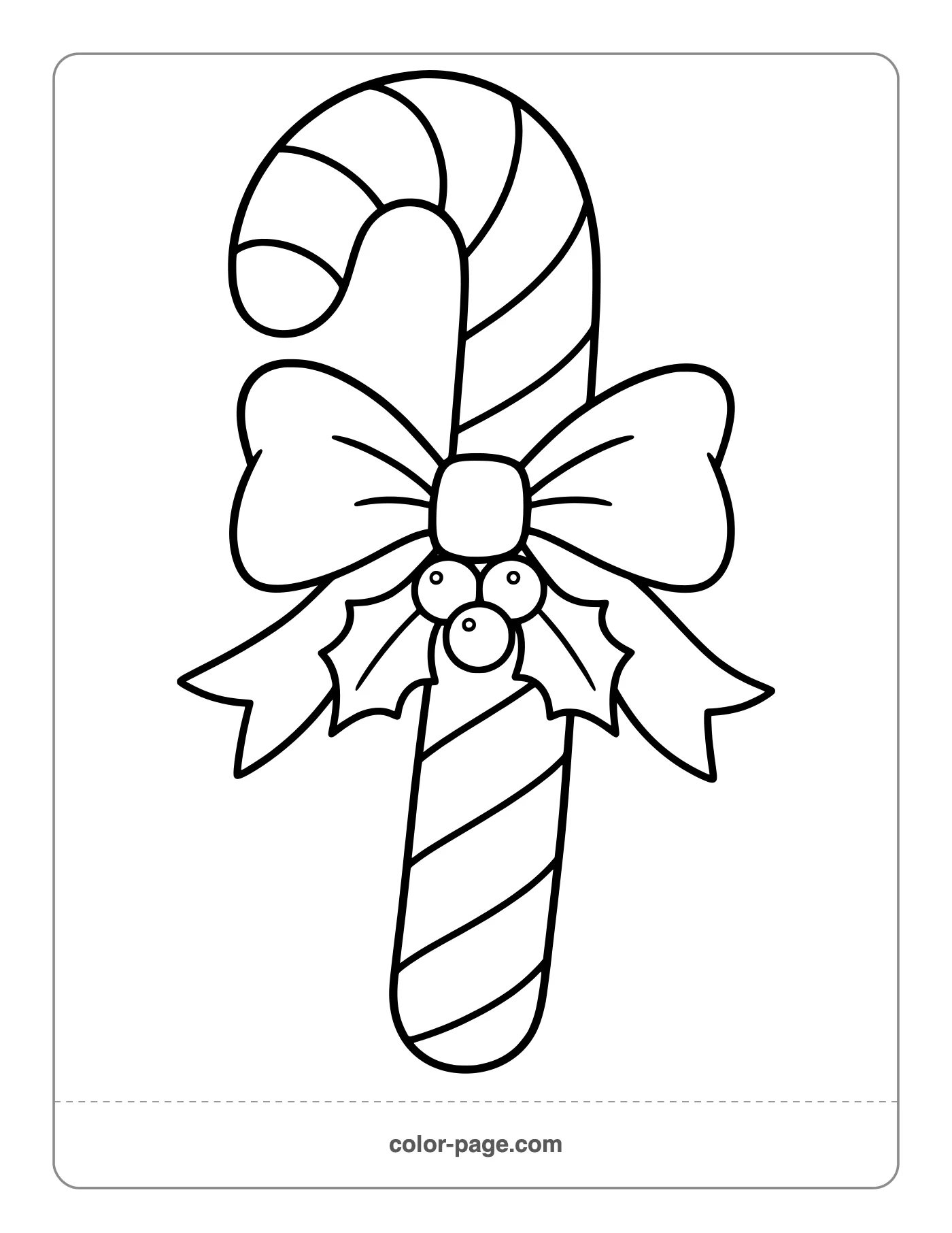 Striped candy cane with a ribbon bow and holly coloring page