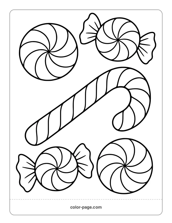 Candy cane with round peppermint candies coloring page