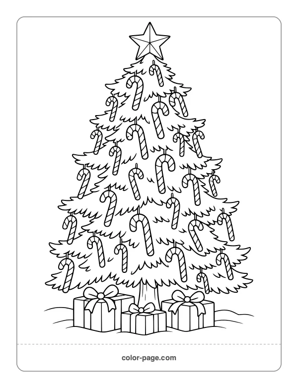 Christmas tree decorated with candy canes coloring page