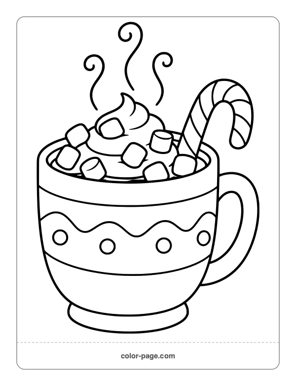 Hot cocoa mug with a candy cane coloring page