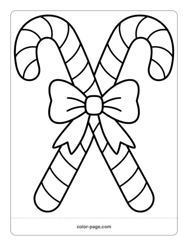 Two crossed candy canes tied with a bow coloring page