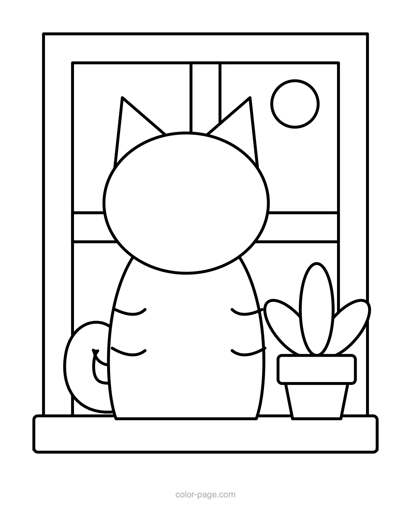 Cat sitting on a windowsill by a window coloring page