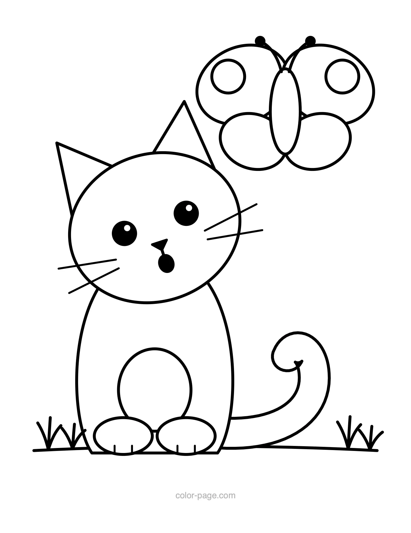 Cat looking up at a butterfly coloring page