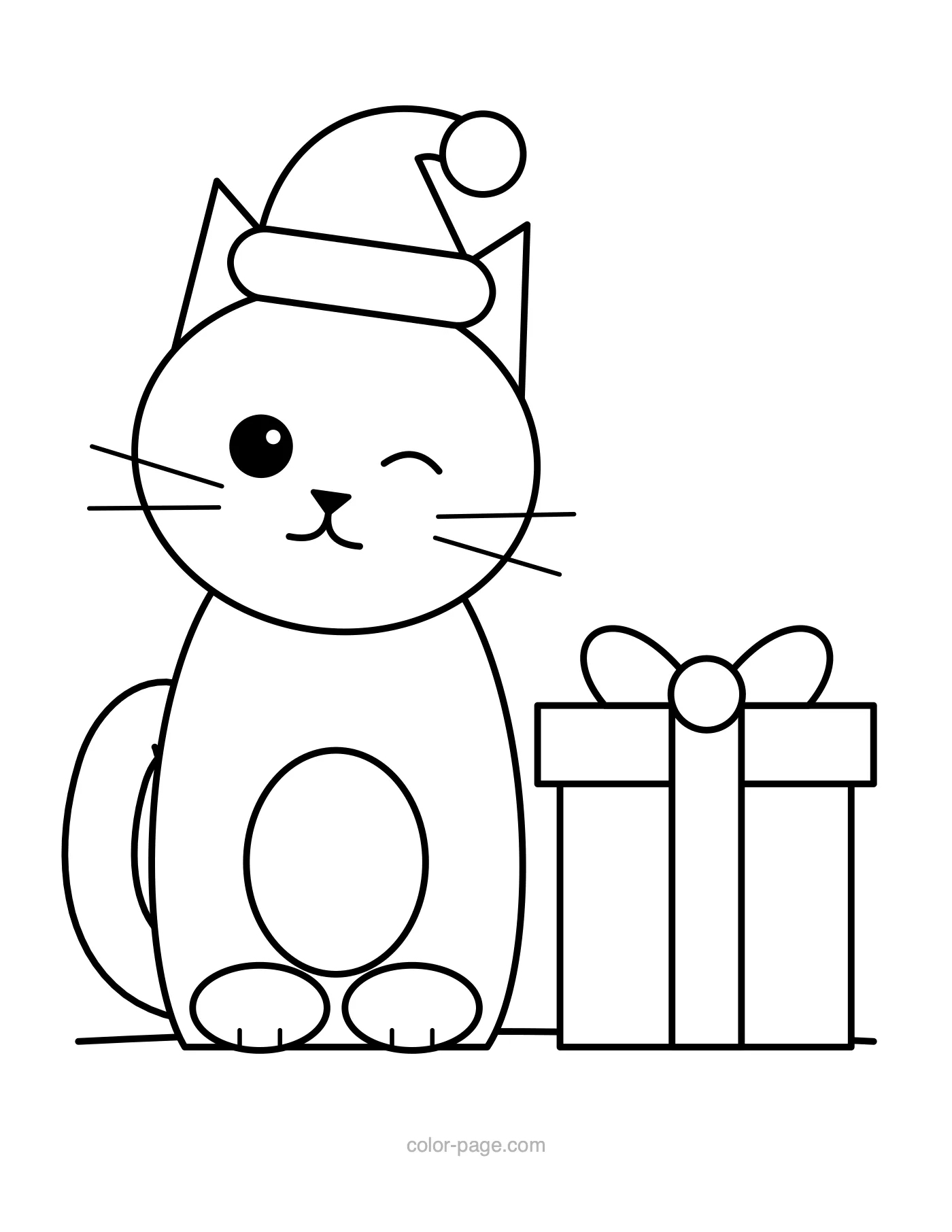 Cat wearing a Santa hat next to a present coloring page