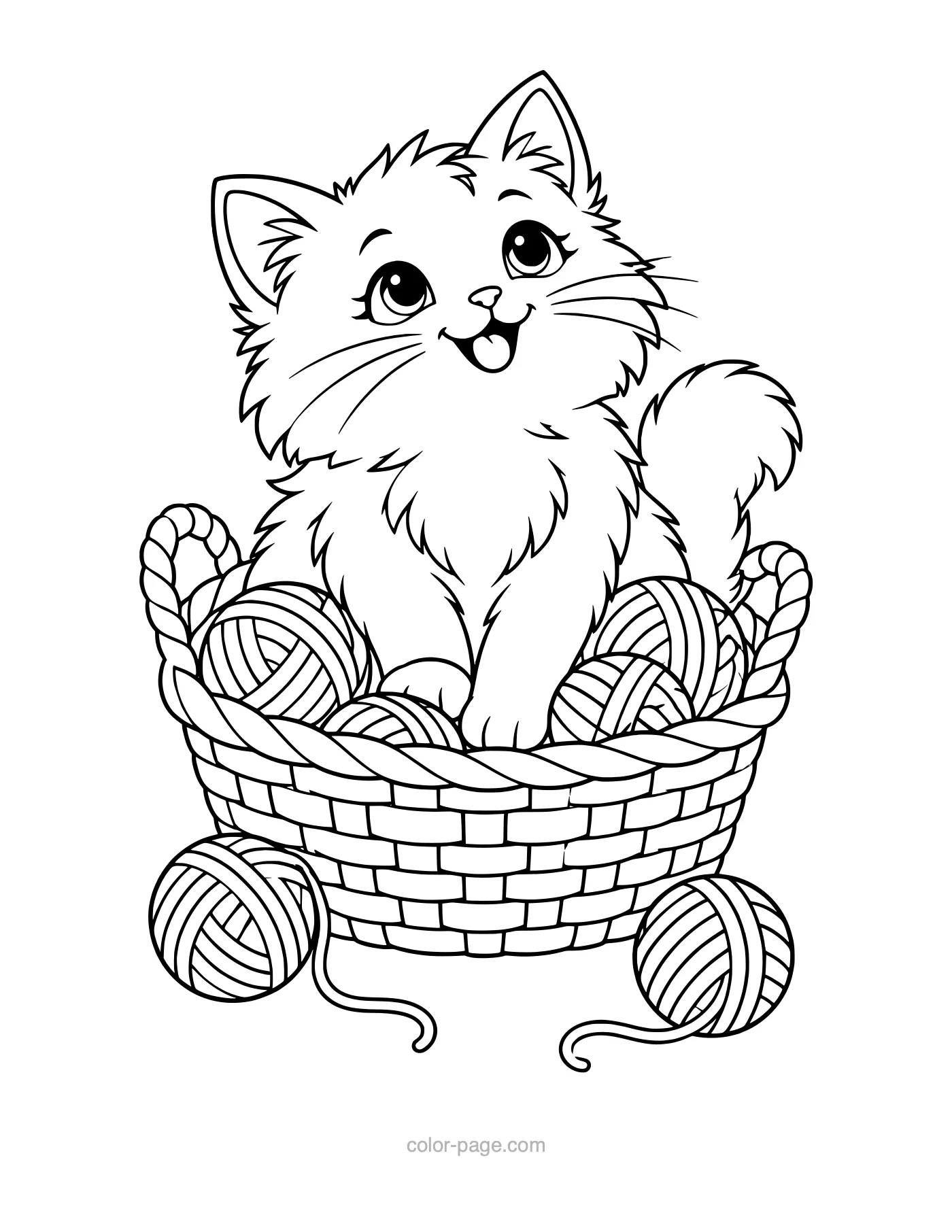 Fluffy cat sitting in a woven basket of yarn balls coloring page