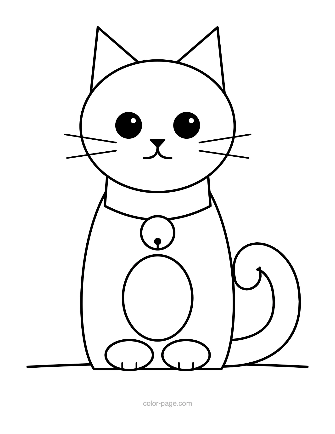 Cute cat sitting with a bell collar coloring page