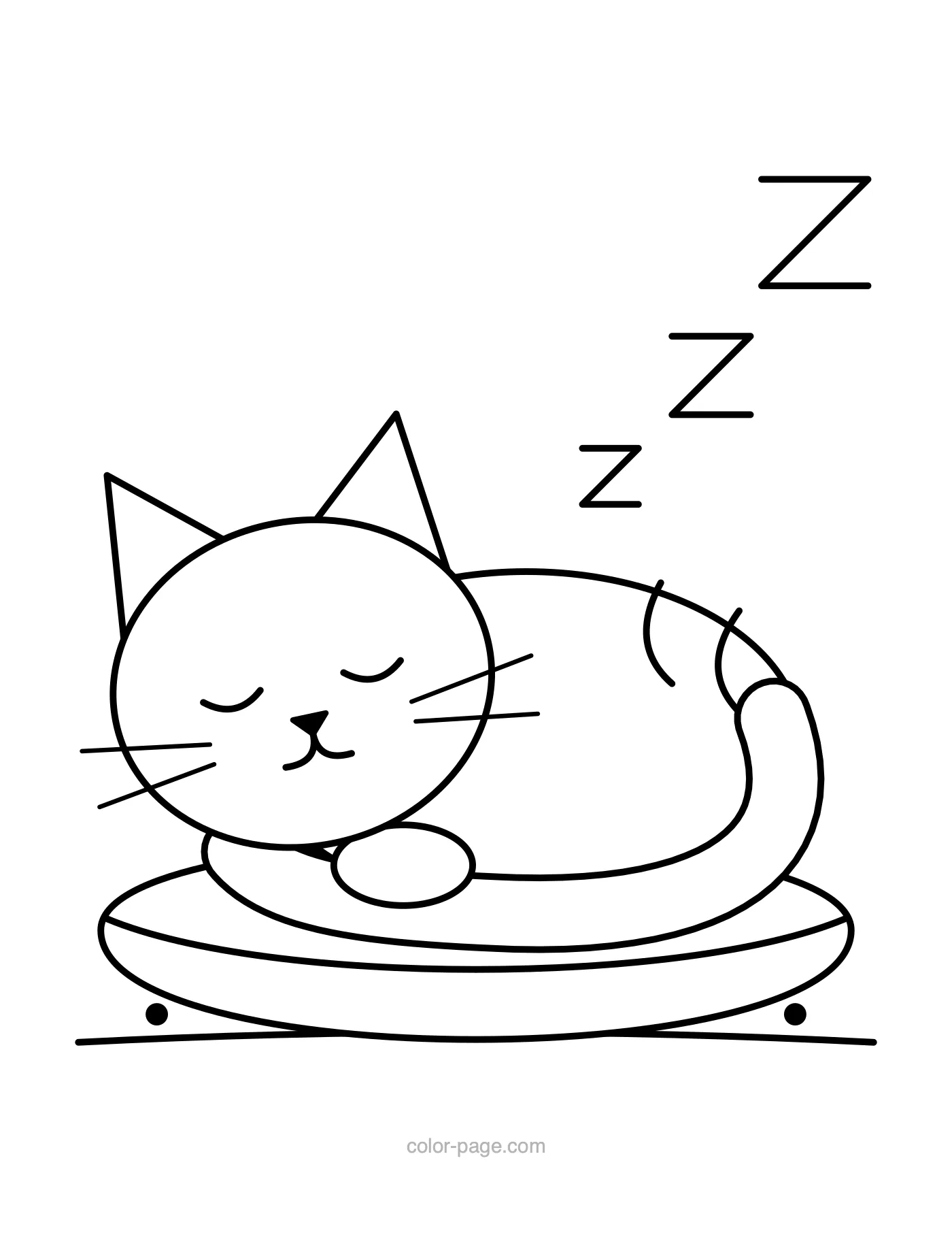 Cat sleeping curled up on a cushion coloring page