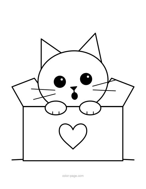 Cat peeking out of a cardboard box coloring page