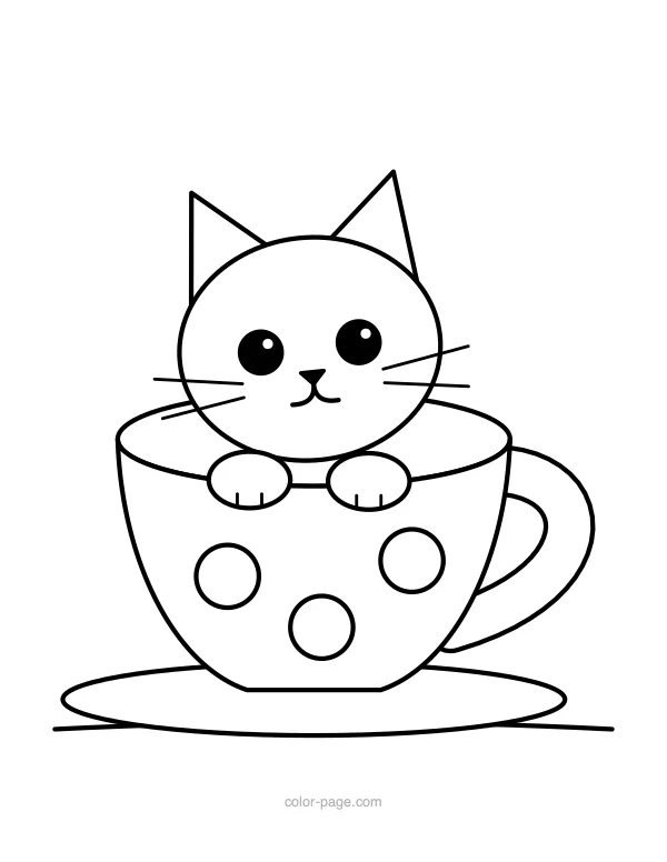Tiny kitten sitting in a teacup coloring page