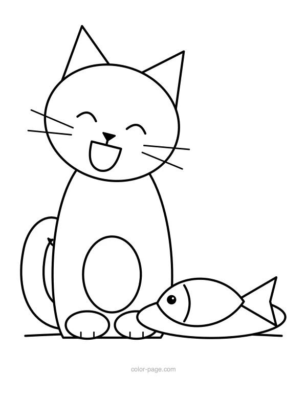 Happy cat looking at a fish on a plate coloring page