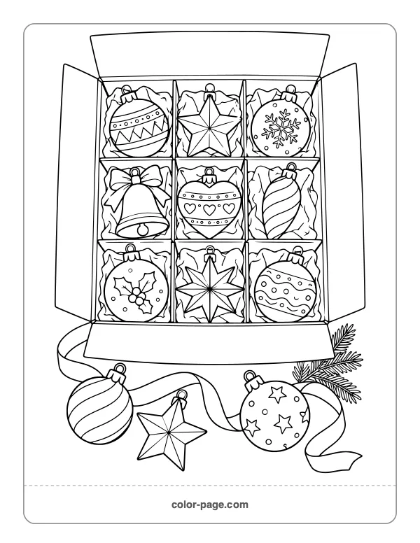 Box full of Christmas ornaments coloring page