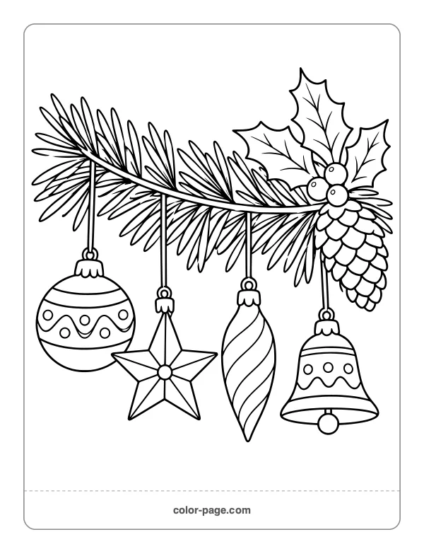 Christmas ornaments hanging on a pine branch coloring page