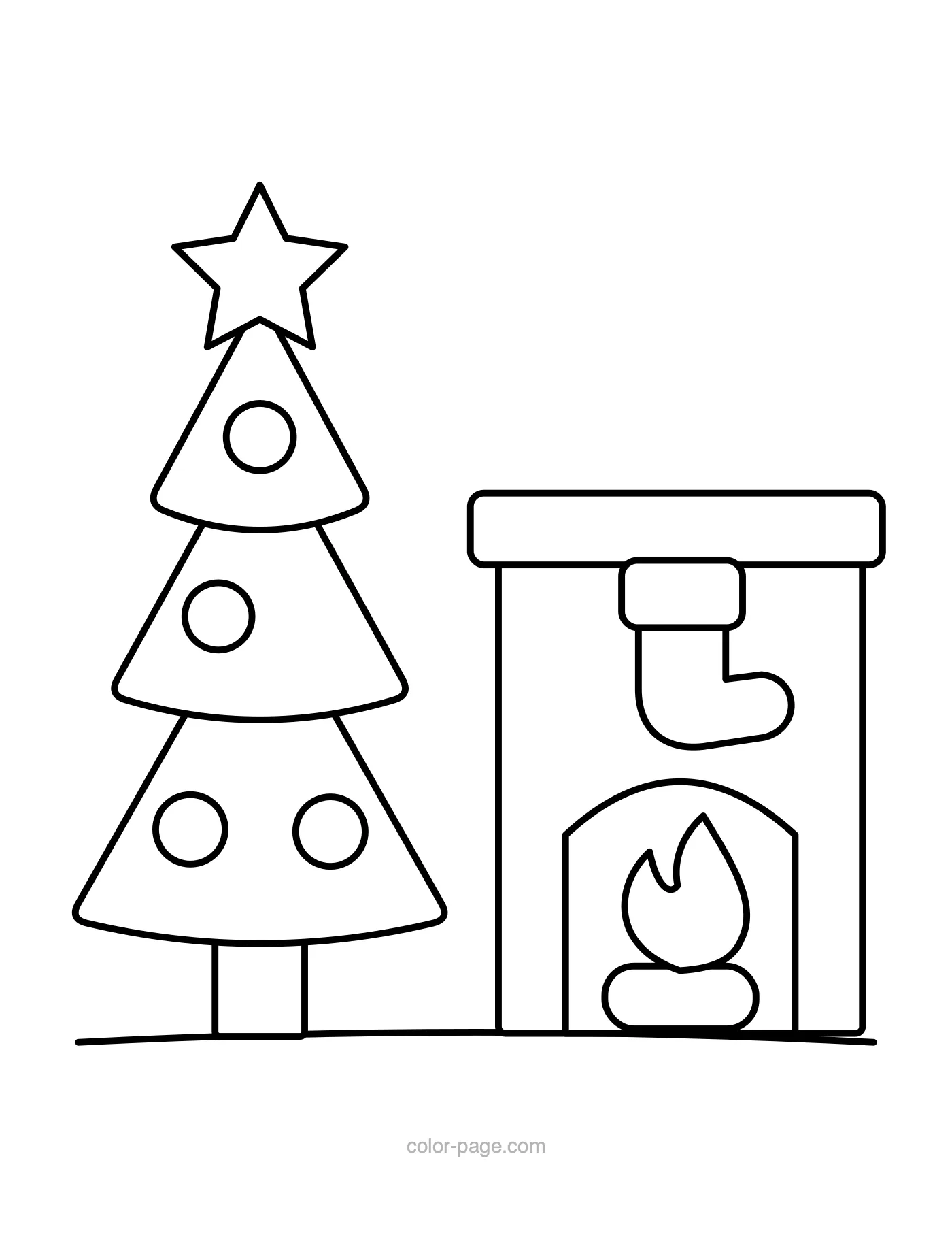 Christmas tree next to a fireplace with a stocking coloring page