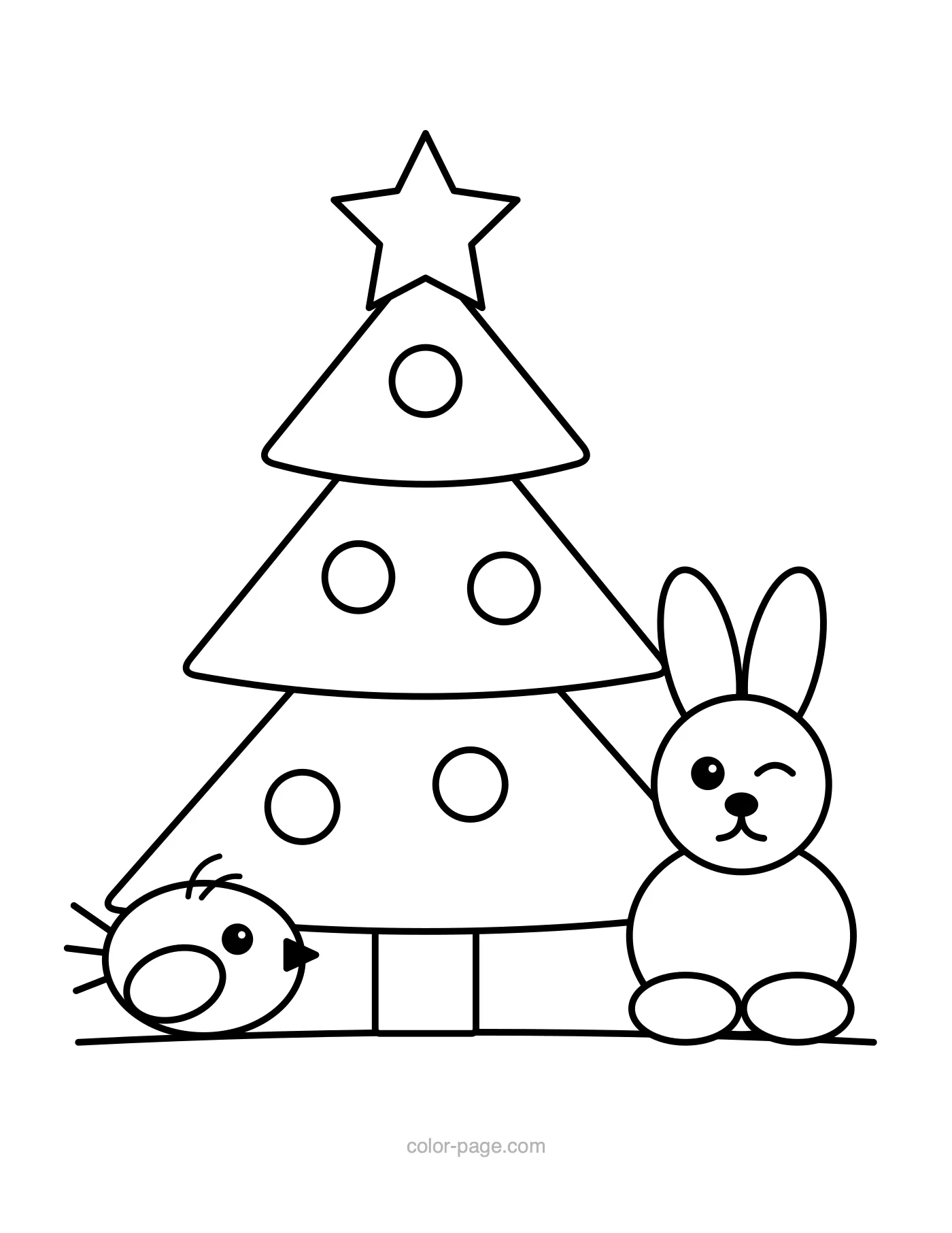 Christmas tree with a bunny and a bird coloring page