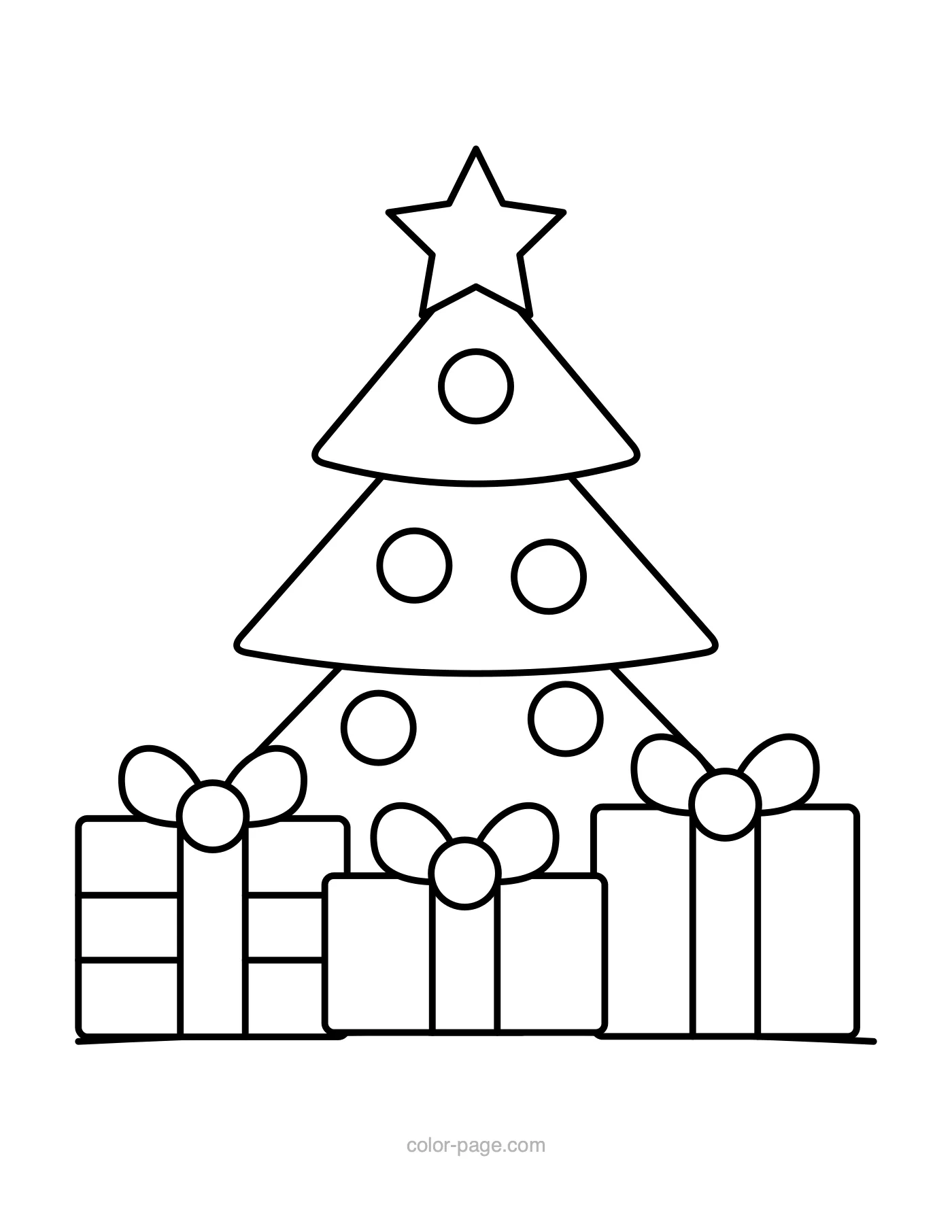 Christmas tree with wrapped presents underneath coloring page