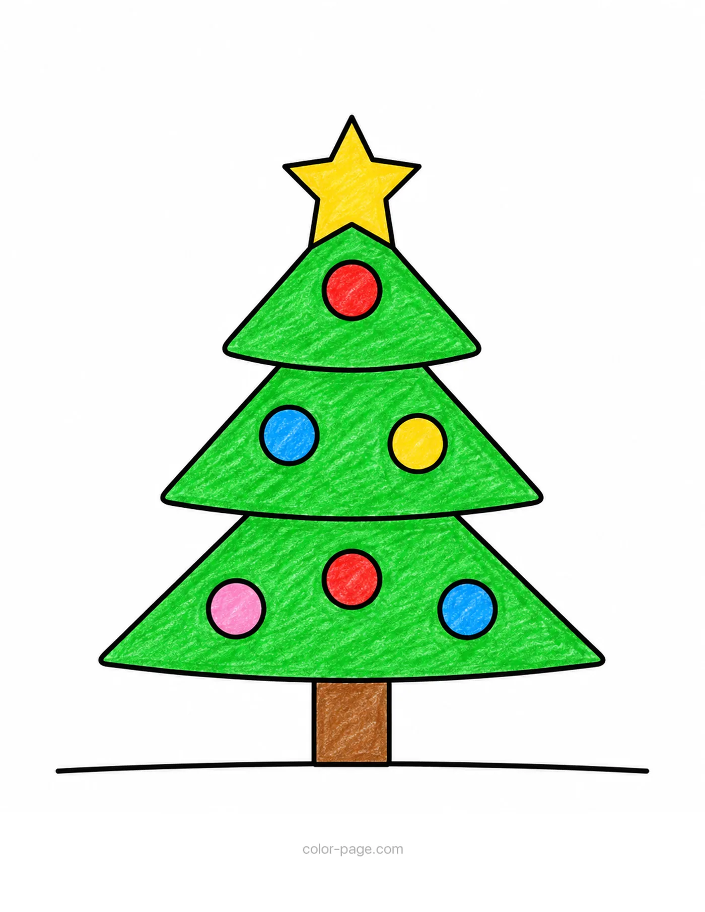 Christmas Tree coloring page, colored in as an example