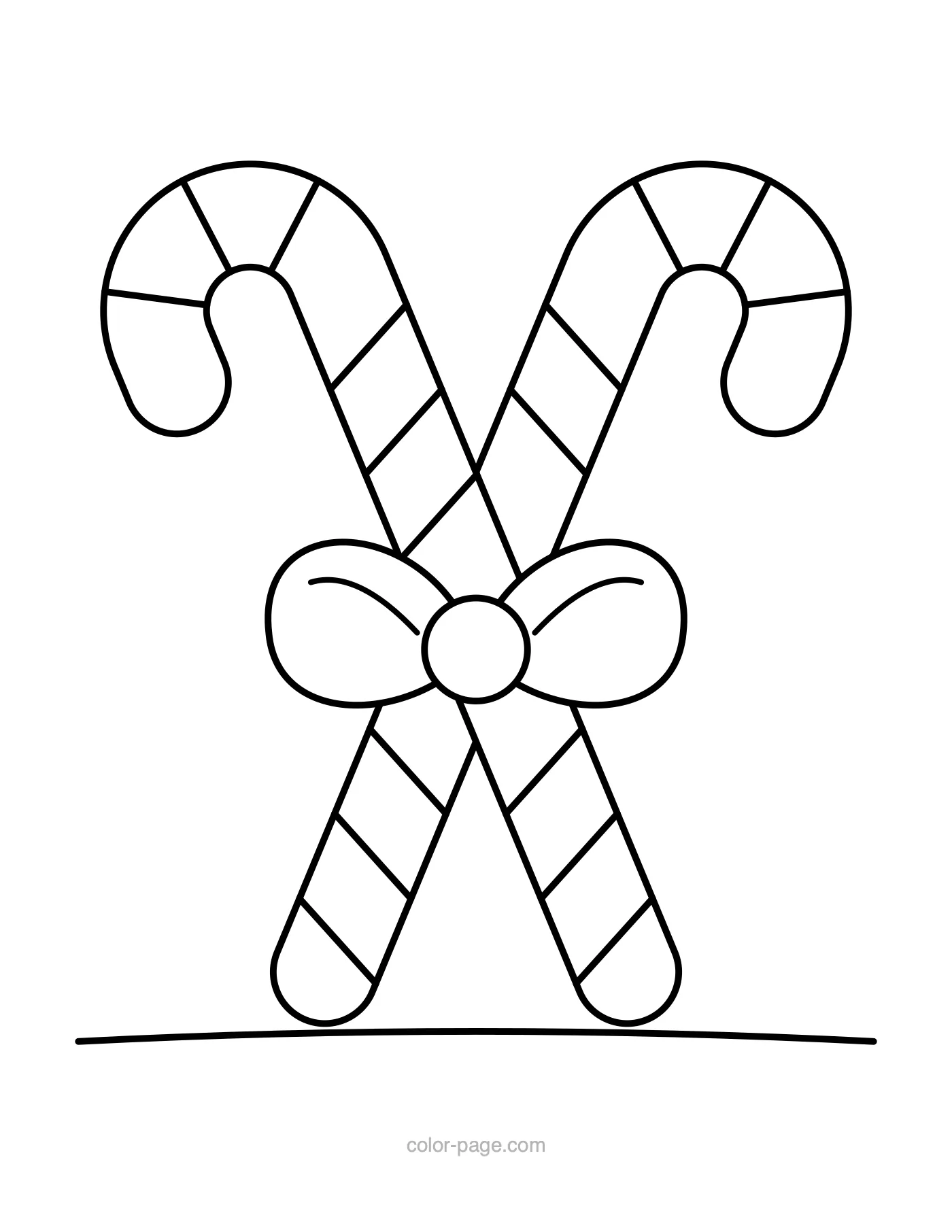 Two crossed candy canes tied with a bow coloring page