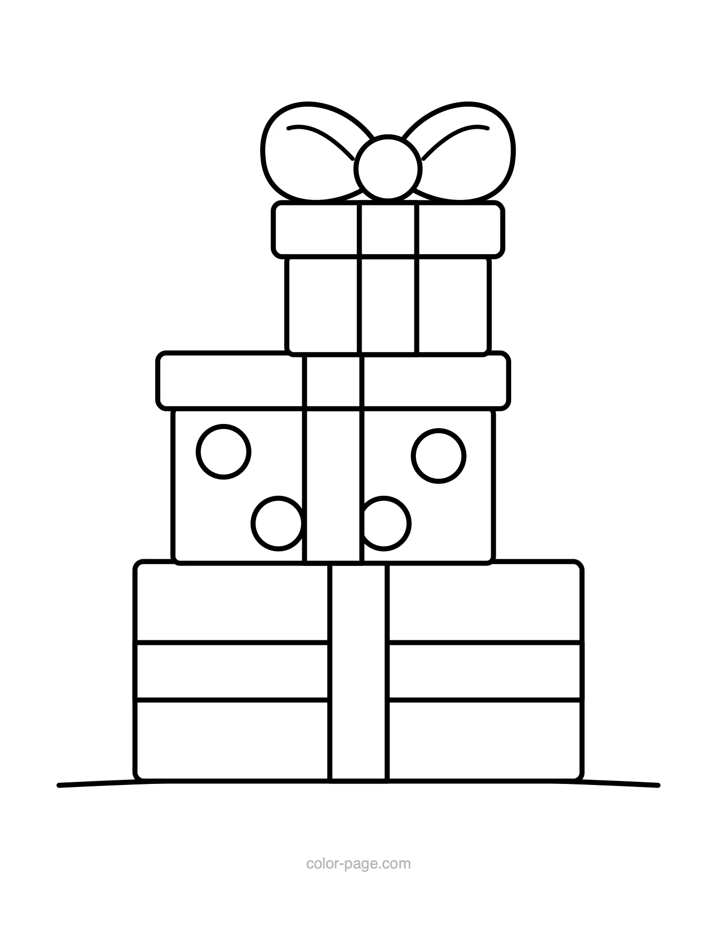 Stack of three wrapped Christmas presents with bows coloring page