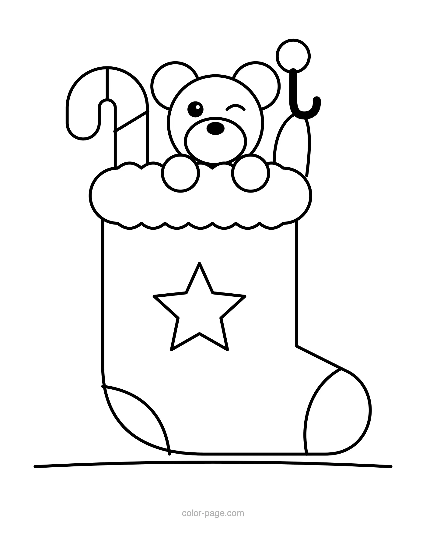 Christmas stocking with a candy cane and teddy bear coloring page