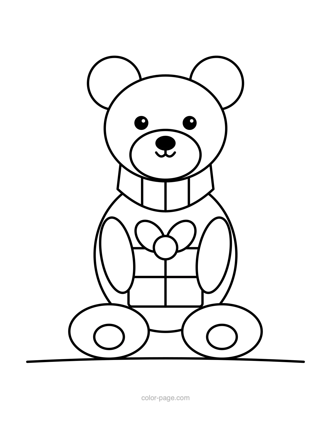 Teddy bear in a scarf holding a Christmas present coloring page