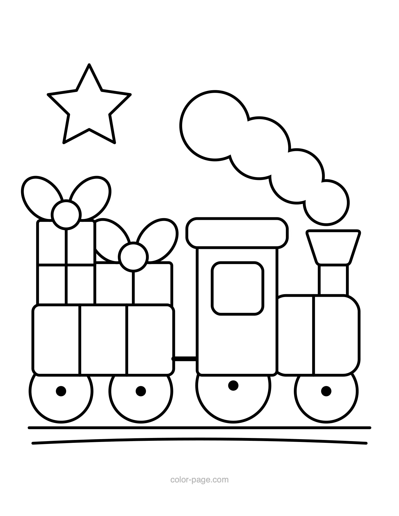 Toy train carrying Christmas presents coloring page